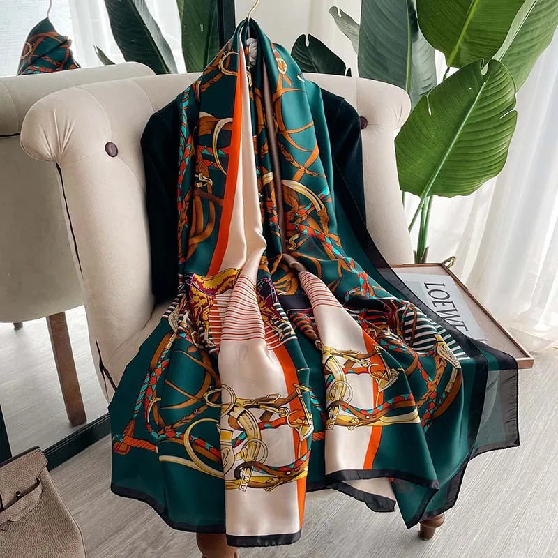 180*90cm Large Silk Satin Scarf Hijab Women Print Shawl