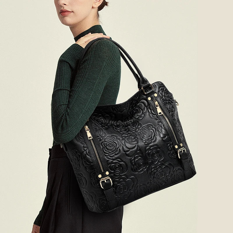 Rose Embossed Leather Tote Bag Gold Zippers and Buckles