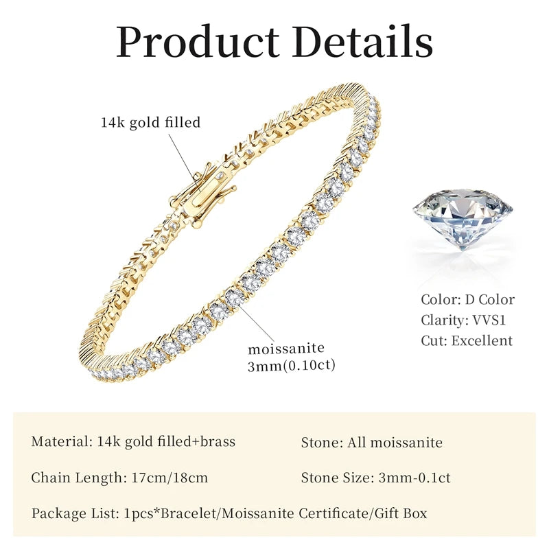 Certified 3MM 0.1ct Full Moissanite 14K Gold Filled Bracelets