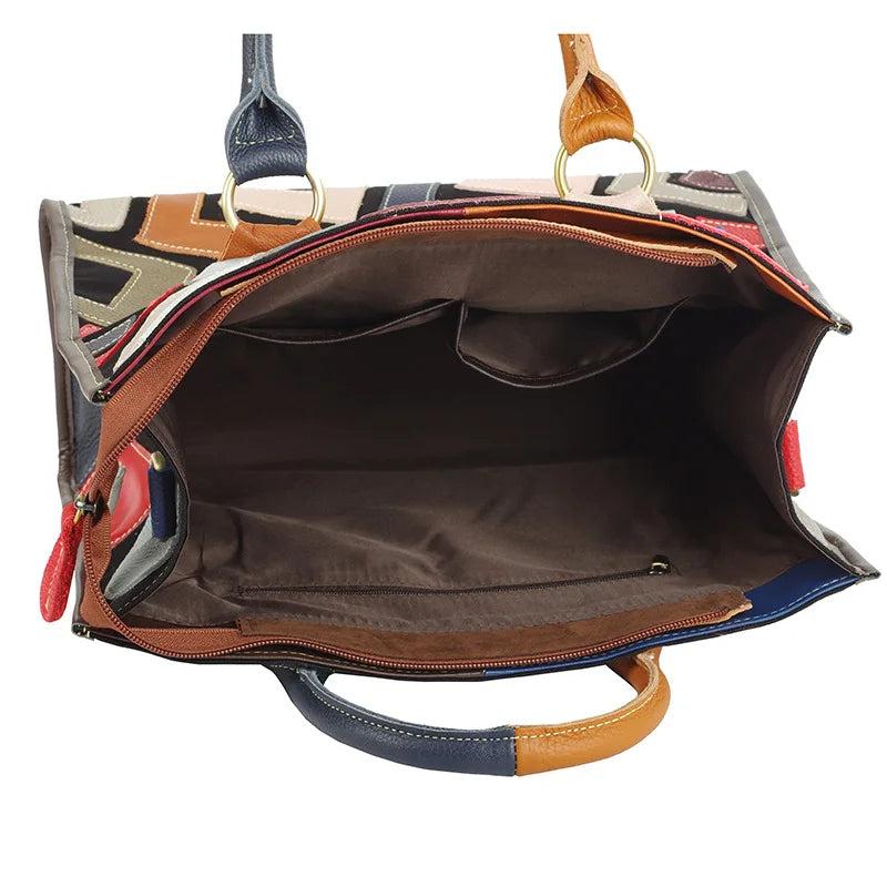 Genuine leather women's bag beautiful style color contrasting design large capacity tote bag