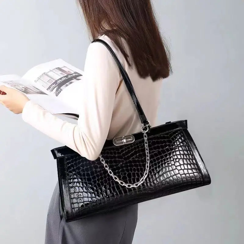 Luxury Cowhide Bag Trendy Crocodile Pattern Large Capacity