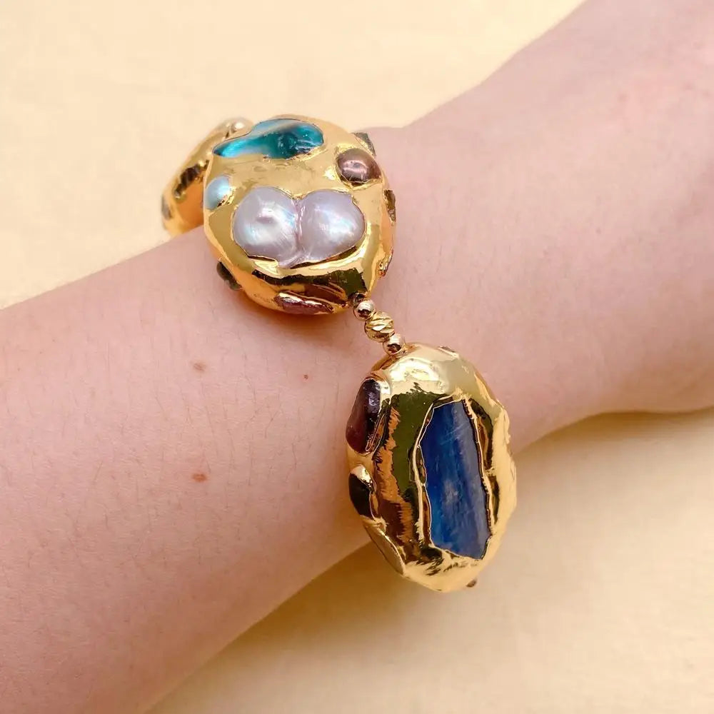 Blue Kyanite 24x35mm Multi Color Shell Pearl Bracelet