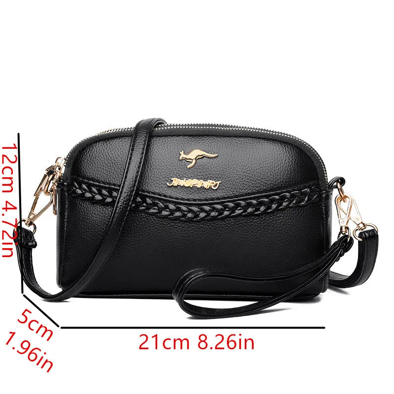 Chic Pu Leather Crossbody Bag Three Layer Zipper Stylish Braid Detail Phone Bag