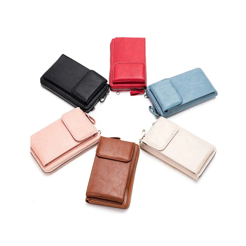 Multi functional retro style PU leather crossbody bag fashionable solid color phone bag