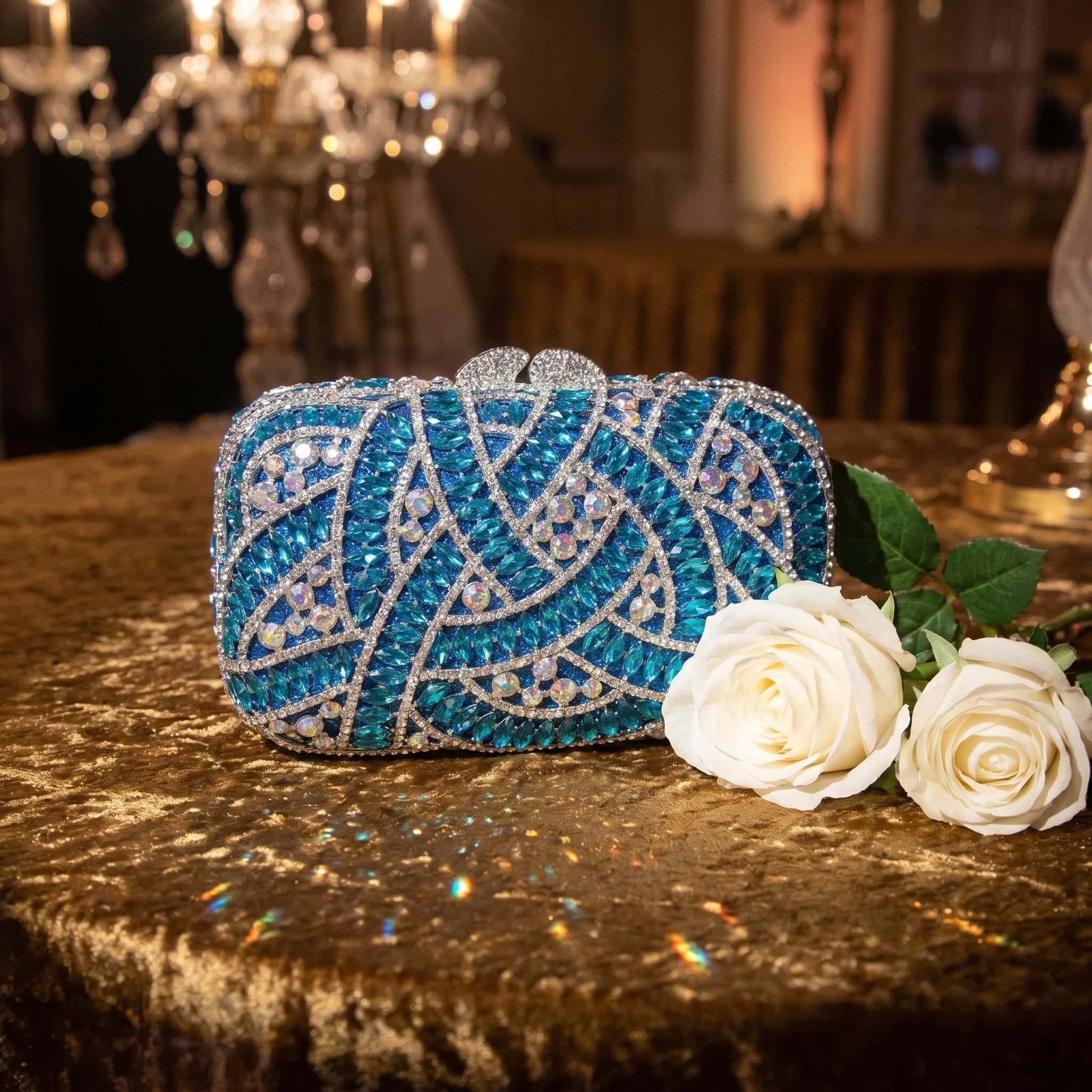 Blue Crystal Interwoven Rhinestone Hard Shell Evening Bag