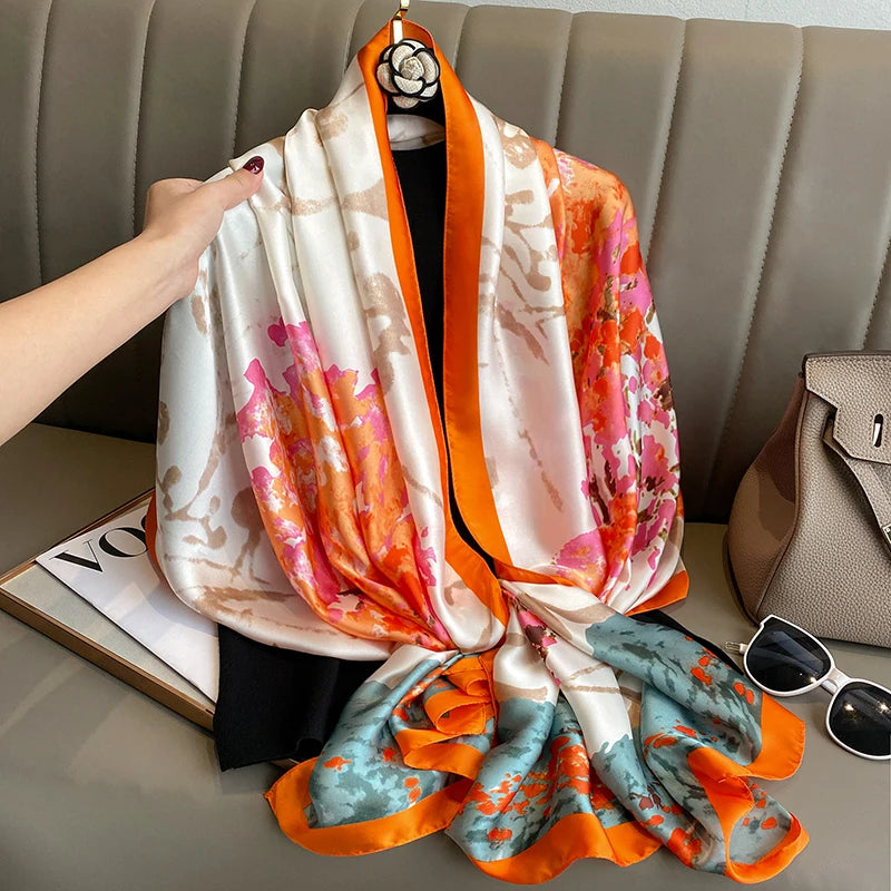180*90cm Large Silk Satin Scarf Hijab Women Print Shawl