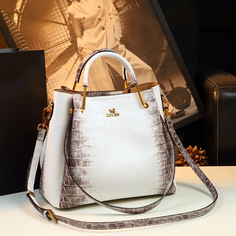 White Crocodile Pattern Leather Handbag Bucket Bag