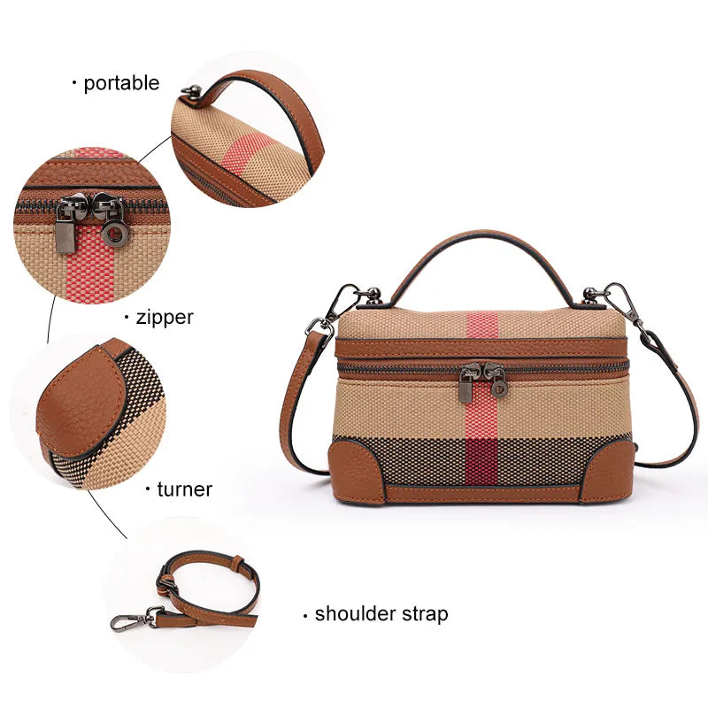 Women's shoulder crossbody mini bag plaid small square bag made of canvas and cowhide