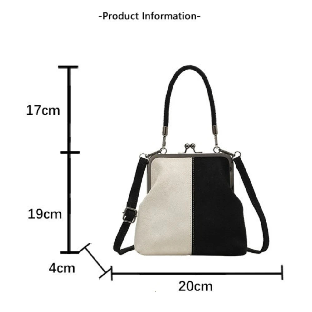 Large Capacity Retro Frosted Handbag Kiss Lock PU Leather Crossbody Clip Closure