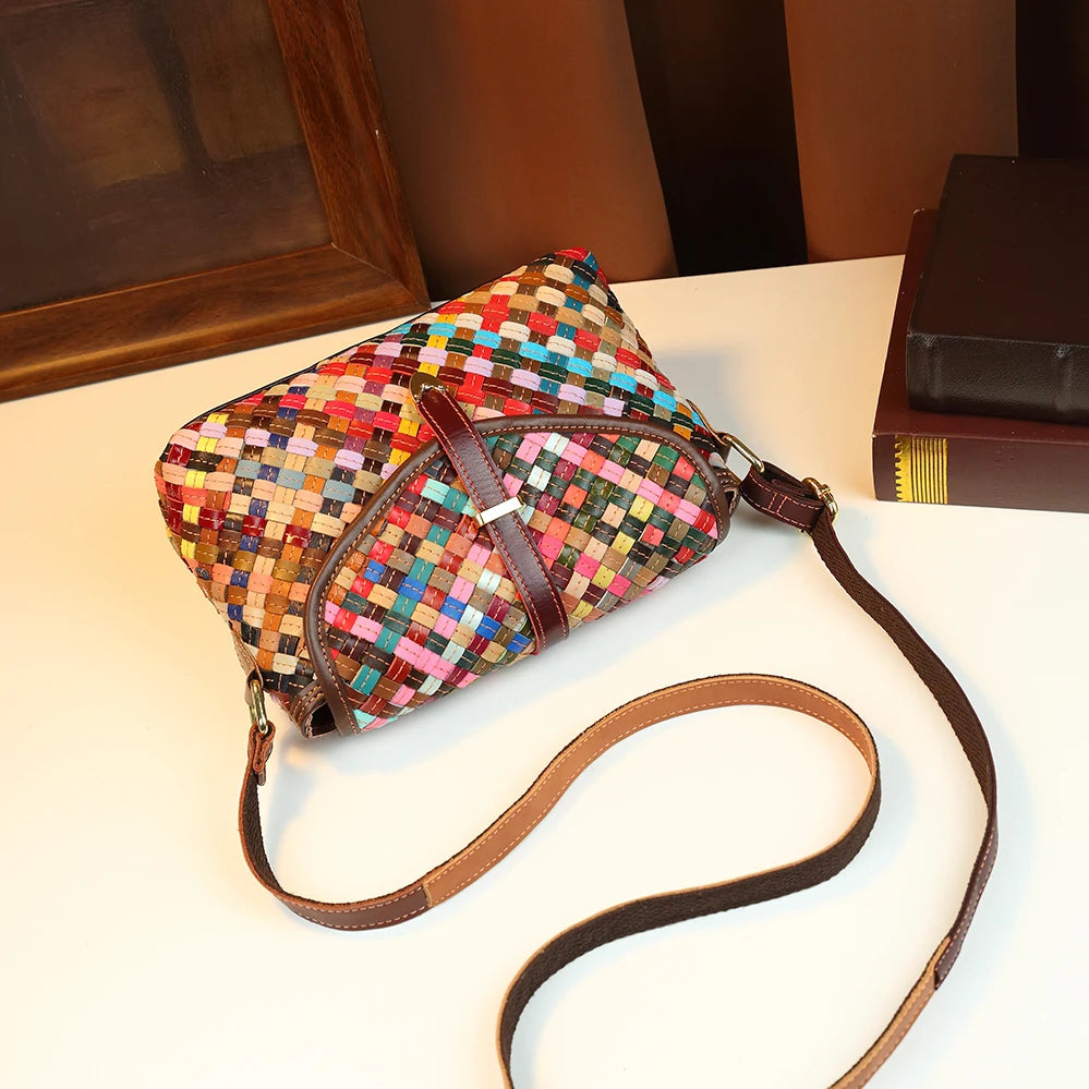 Crossbody bag rainbow hand woven genuine leather bag