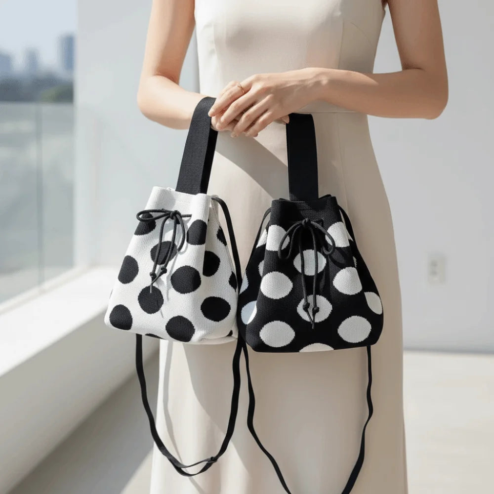 Crossbody Patterned Polka Dot Bucket Bag Soft Knit Tote