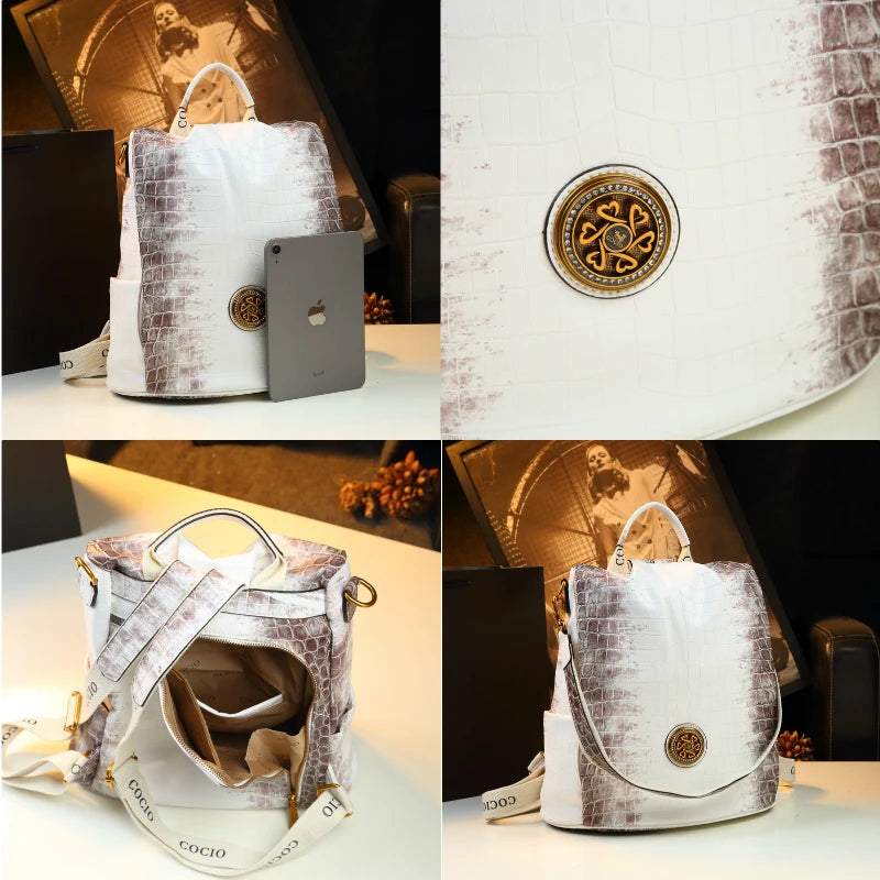 White Leather Crocodile Women Backpack Large Capacity Commuter Travel Backpacks