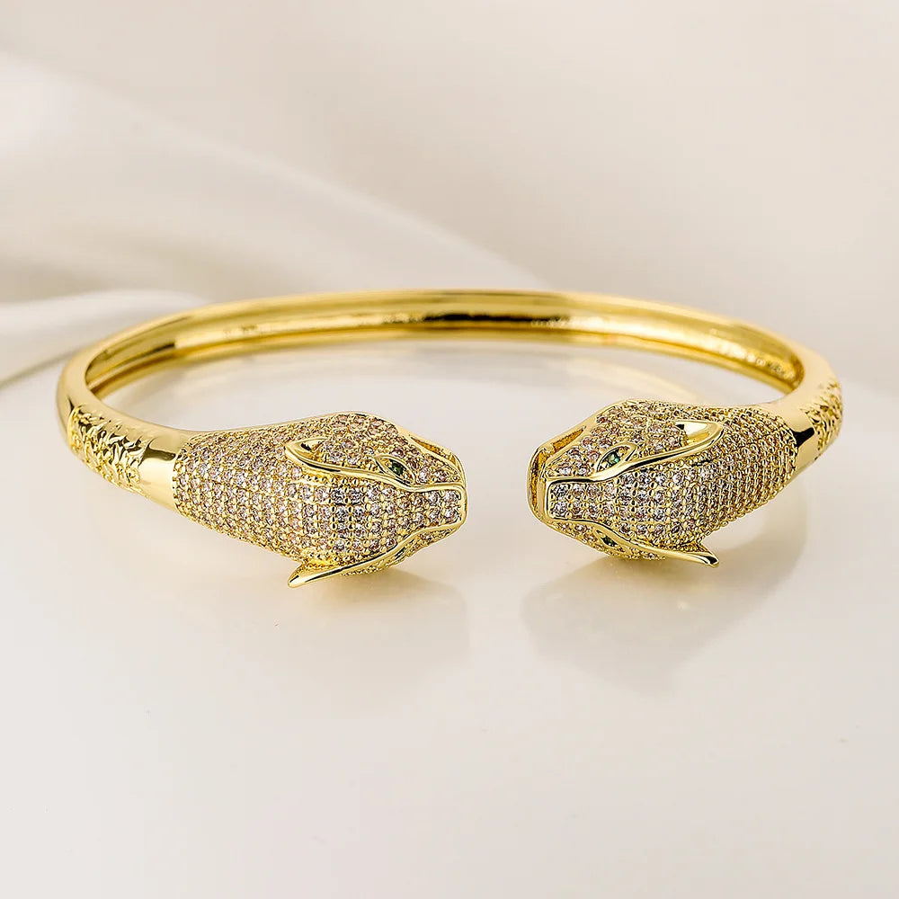 Trendy leopard head open bracelet 18K gold electroplated