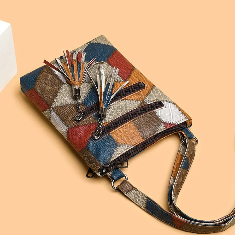 Vintage Double Tassels Women's Crossbody Bags Soft PU Leather Small Handbag