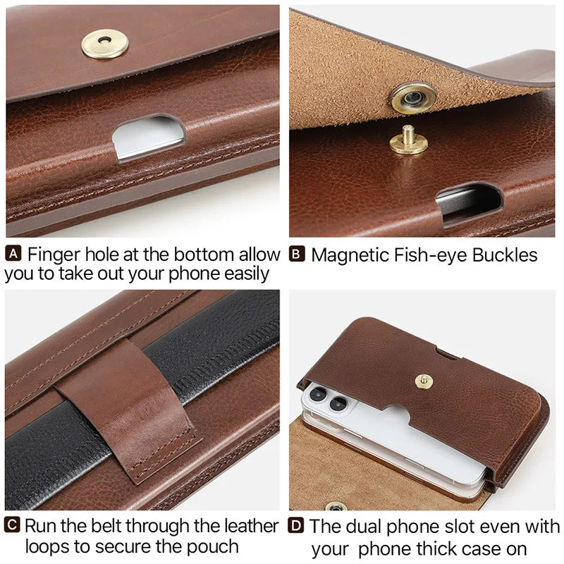 Cow Leather Belt Phone Pouch Magnetic Buckle Design