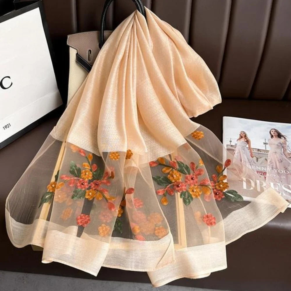 Elegant floral embroidered silk scarf for women stylish sunscreen beach shaw