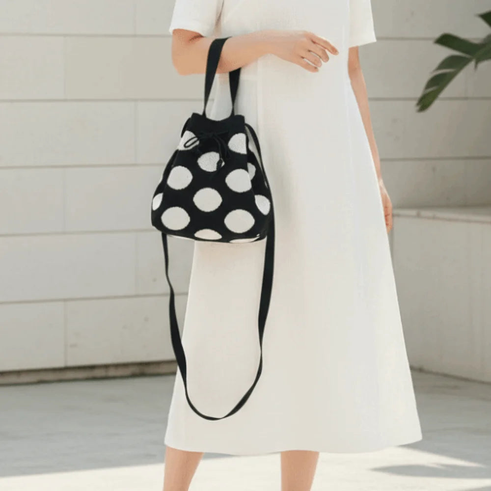Crossbody Patterned Polka Dot Bucket Bag Soft Knit Tote