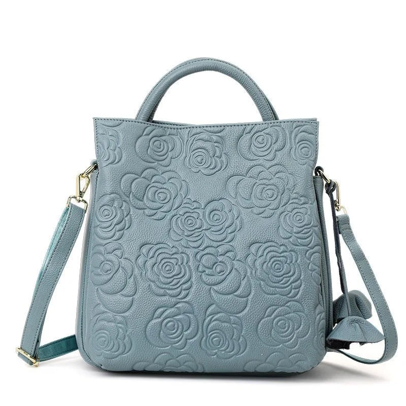 Genuine Leather Handbag Large Capacity Tote Crossbody Bag Rose Pattern Sac