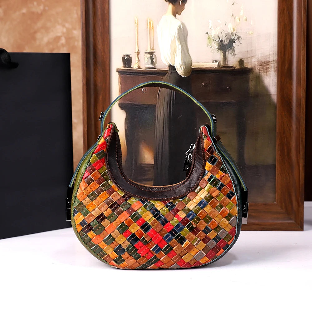 High-end leather retro hand-stitched woven crossbody bag