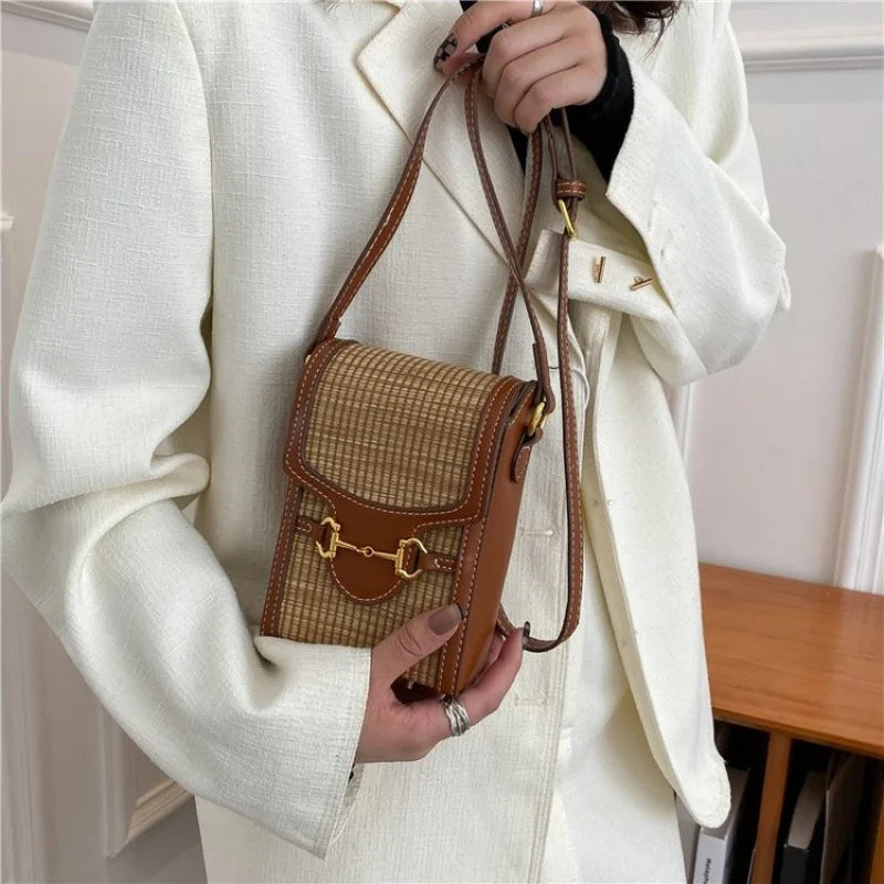 Elegant Women's Crossbody-Bag Crafted From Grid-Printed Leather Vintage Bag Style