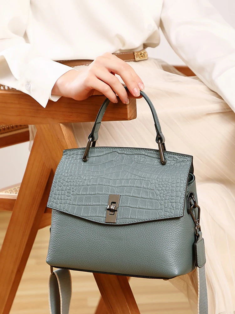 Zency Genuine Leather Women's Handbag Stone Vintage Tote Bag Luxury Brand Female Crossbody Spring Fashion Lady Shoulder Satchel