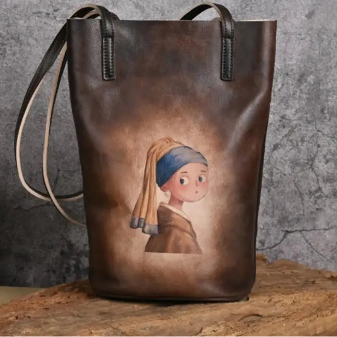 Retro Real Cowhide Hand-Printed Natural Genuine Leather Leisure Large Capacity