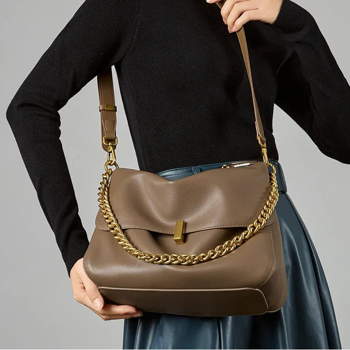 Cow Leather Genuine Flap Shoulder Chain Bag Luxury Solid Genuine Leather Handbag