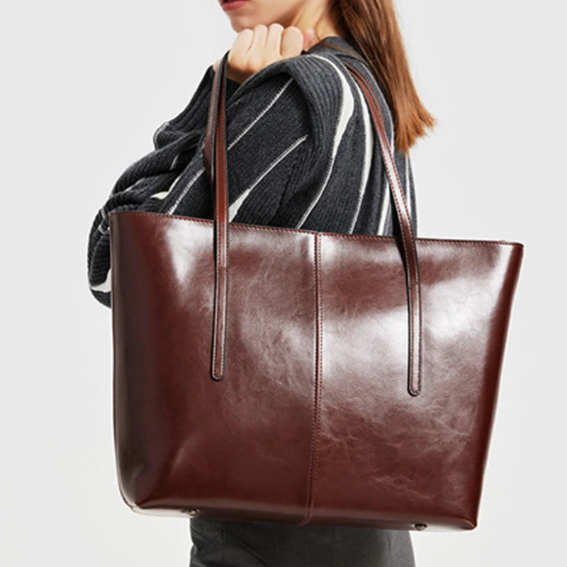 Cowhide Genuine Leather Large Tote Bags Luxury Design Commuter Shoulder Bag