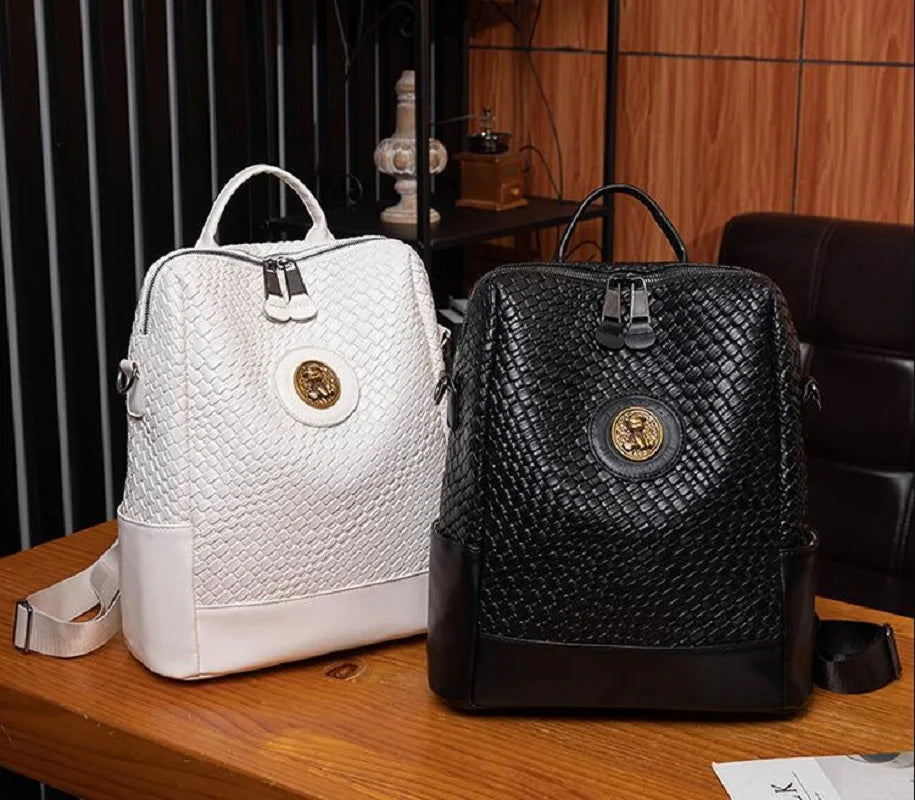 Fashion High Quality Woven Soft Leather Backpack Women Large Capacity Travel Bag