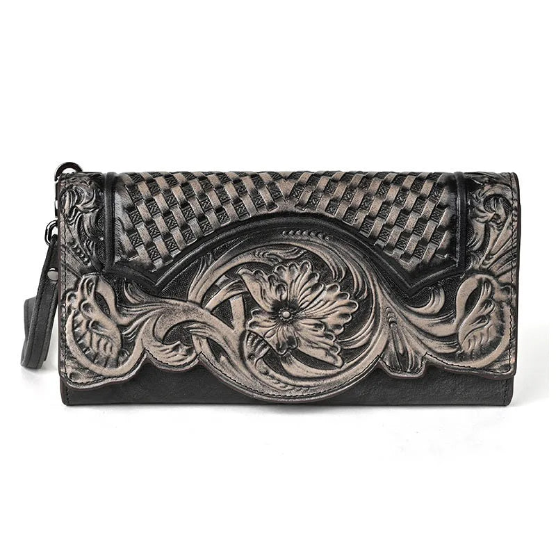 Floral Genuine Leather Wallet Women Handmade Clutch Bag