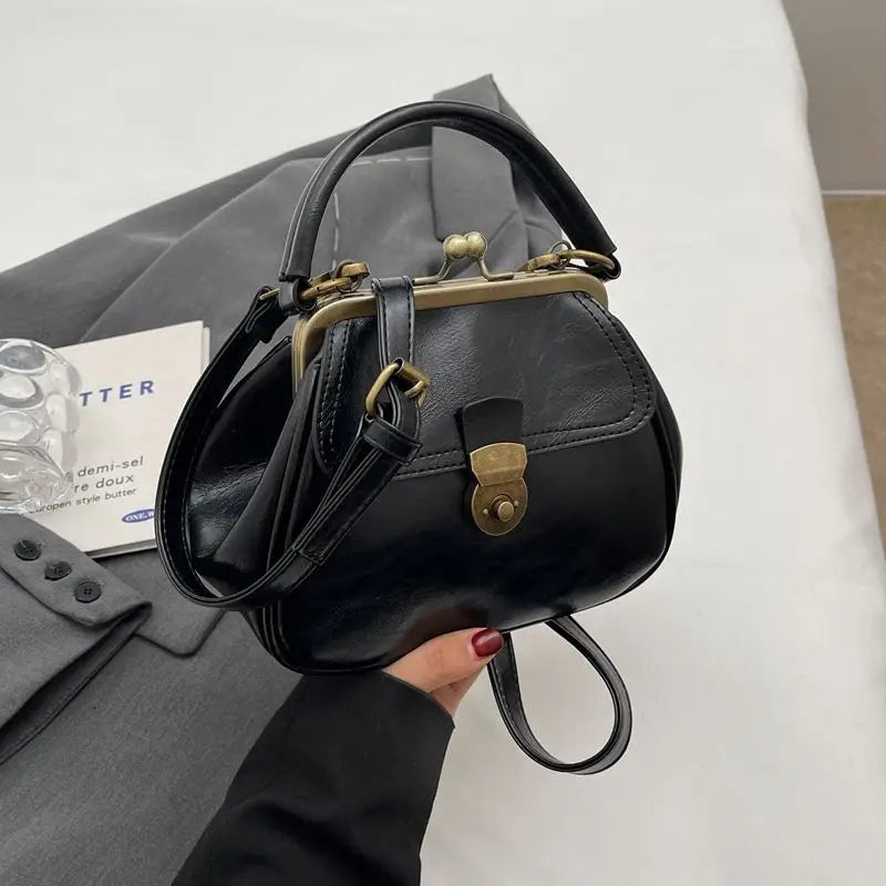 Metal Clip Handbag Leather Stitching Large Capacity Shoulder Bag