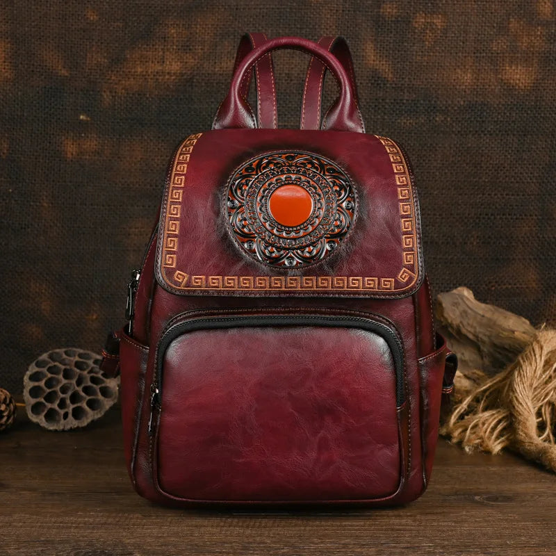 Vintage Handmade Leather Backpack Embossed Large Capacity Bag