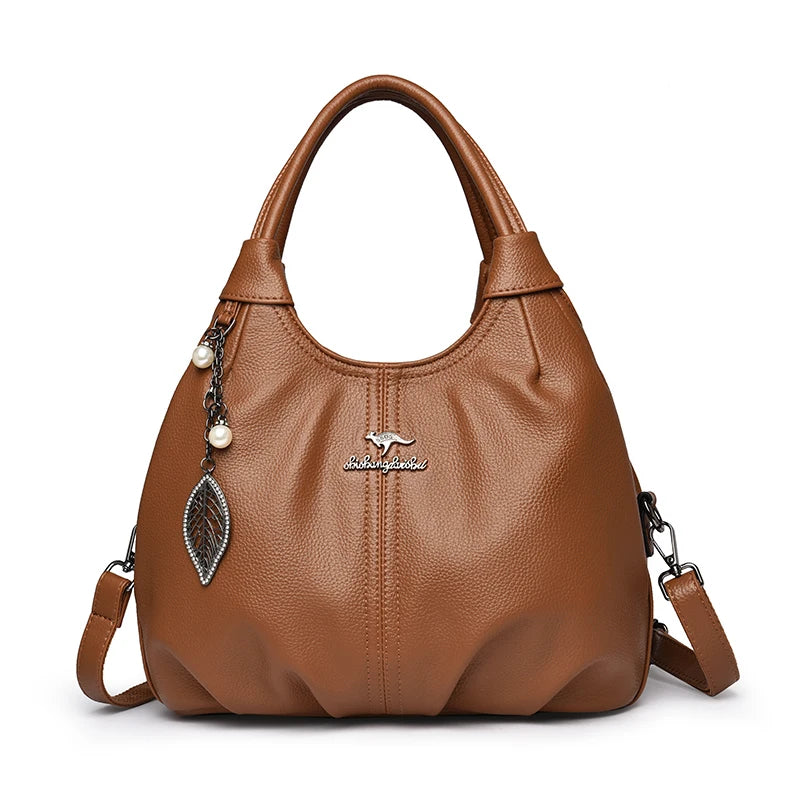 Soft Leather Hobo Handbag 3 Layer Shoulder Crossbody Bag with Pearl Leaf Pendant