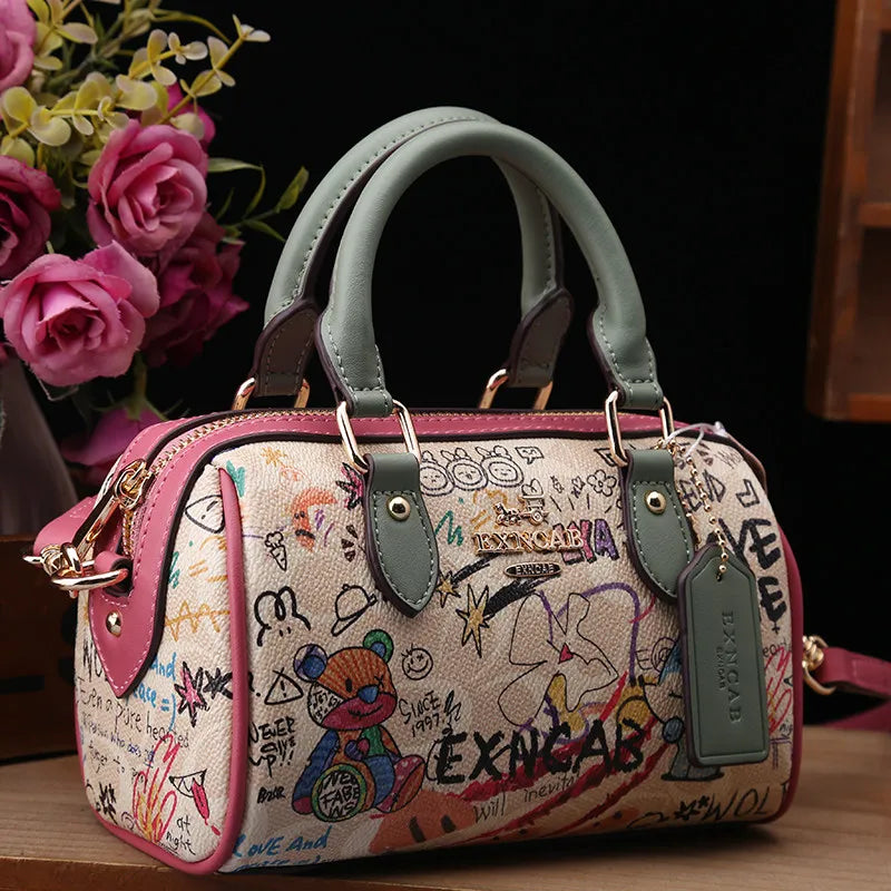 Luxury Vintage Handheld Boston Bag Fashion Cartoon Graffiti Leather Trendy Bag