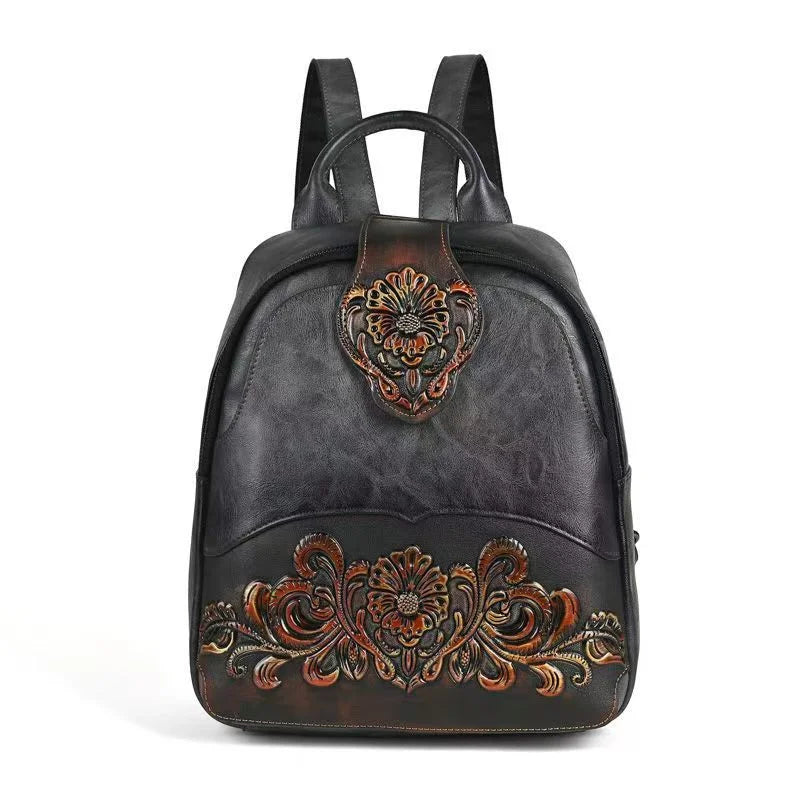 Vintage Ladies Leather Backpack Floral Double Shoulder Bag