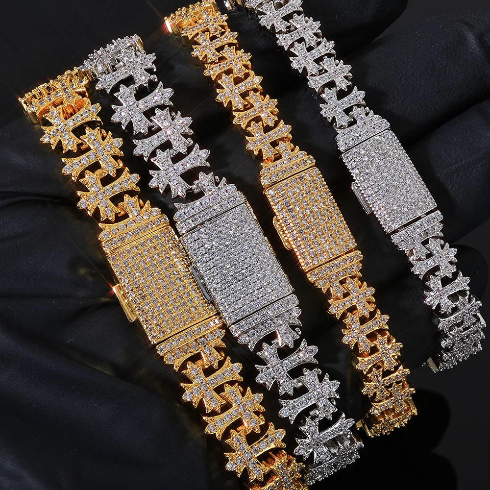 Luxury 8MM Cross Bracelet Iced CZ Diamond Brass Hand Set Zircon Fashionable Jewelry