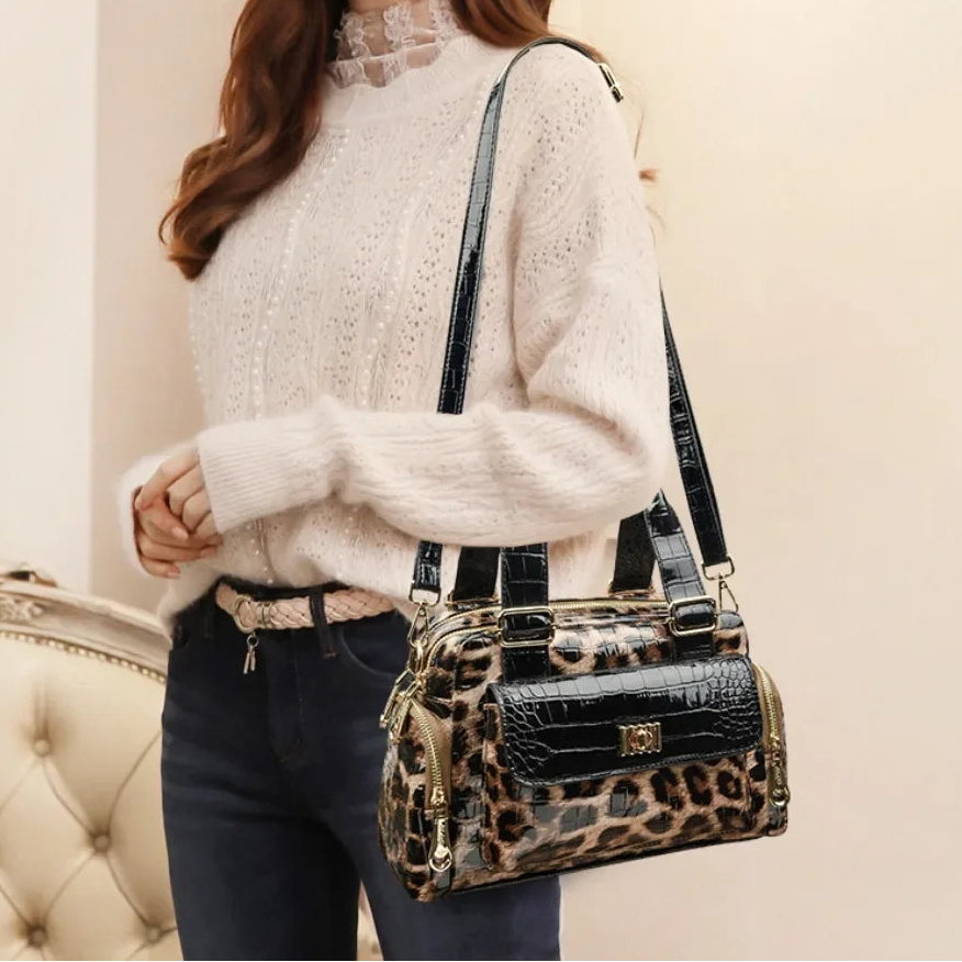 Fashionable Leopard Print Boston Bag Luxury Design Handbag