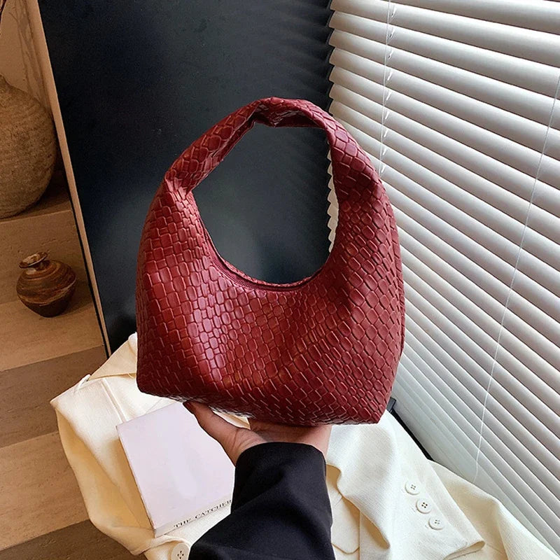 Classic Fashion Woven Embossed Soft PU Leather Small Top Handle Shoulder Bag