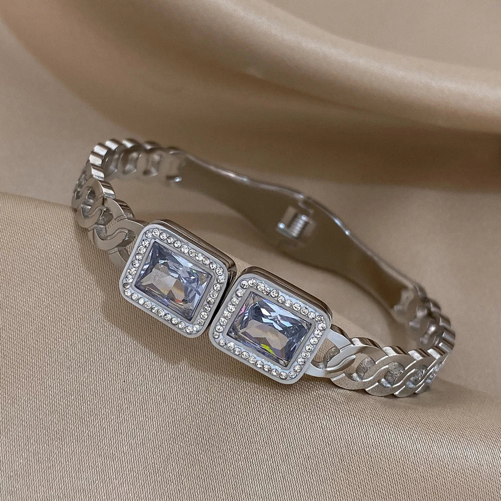 Luxury Big White Square Cubic Zirconia Stainless Steel Cuff Bracelet Jewelry