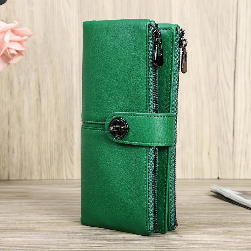 Genuine Leather Long Wallets Full Grain Leather Purse Card Holder Money Clip