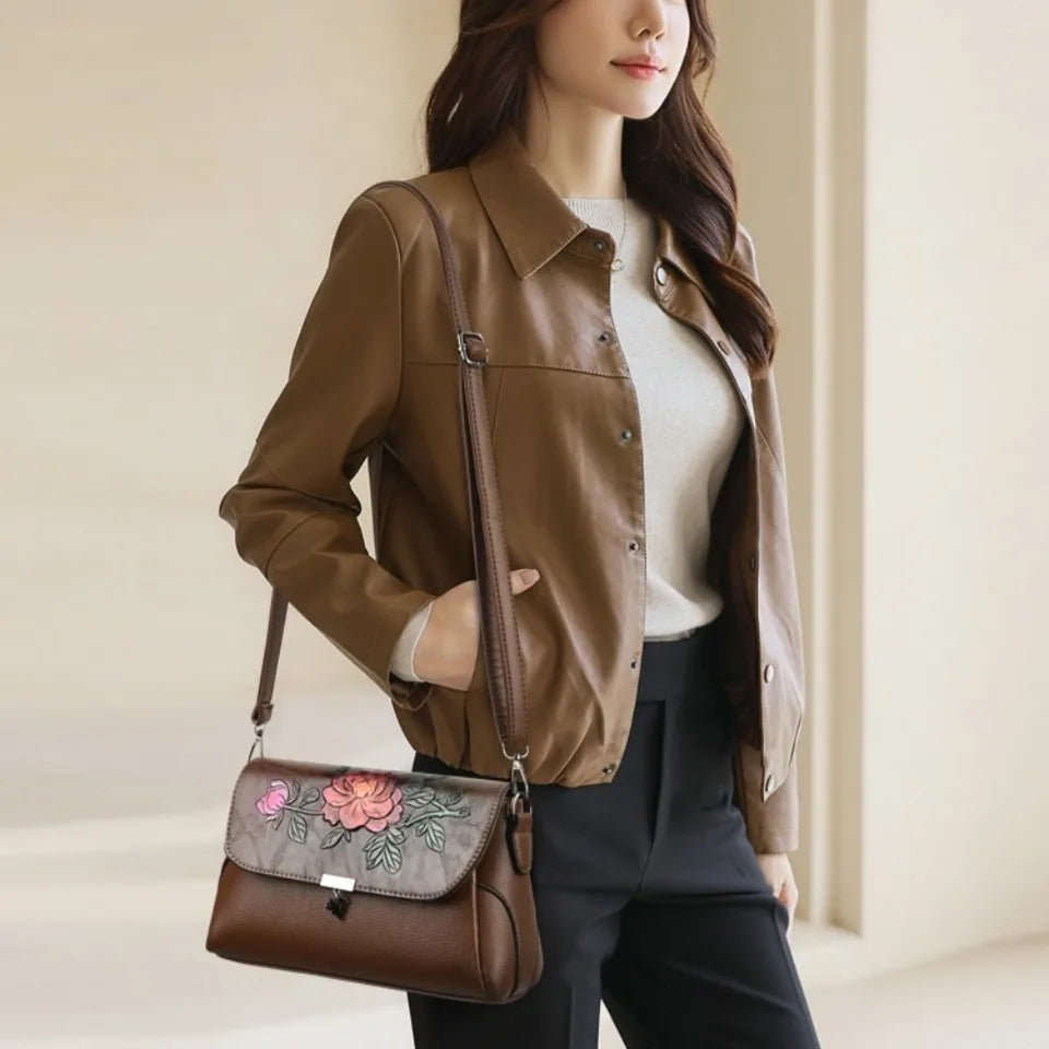 Vintage 3D Floral Embossed Crossbody Bag Soft Leather Elegant Bag Luxury Handbag