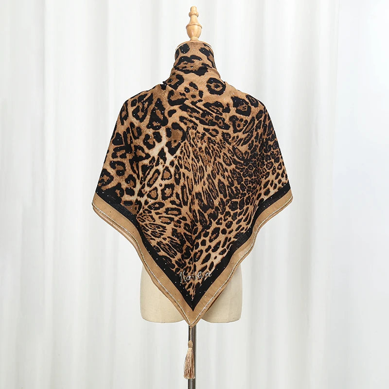 Rhinestone Leopard Print Square Scarf Tassels Satin Shawls