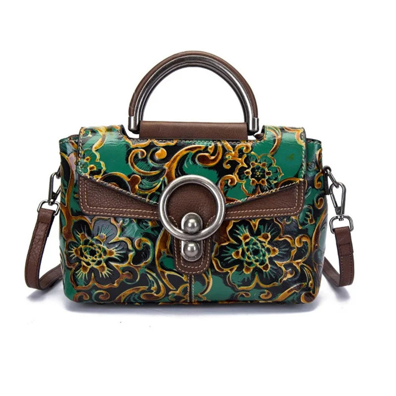 Floral Genuine Leather Tote Bag Vintage Shoulder Handbag