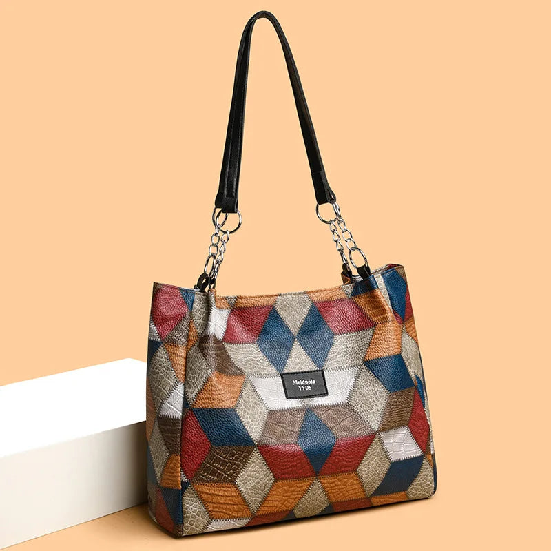 Fashion Contrast Color Large Capacity Female Tote Bag PU Leather Shoulder Bag