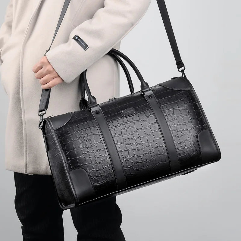 Men's Business Travel Tote Luxury Alligator PU Leather Luggage Bag