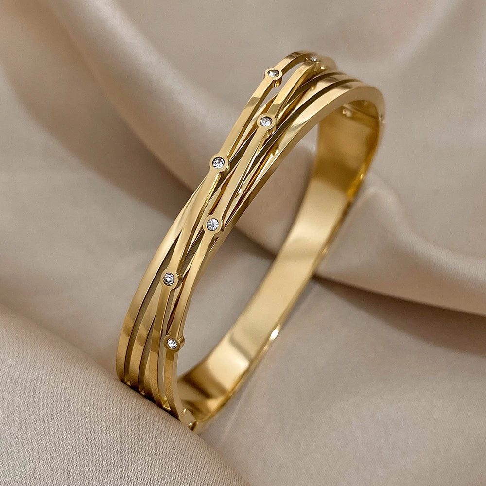 Trendy Inlaid Rhinestone Stainless Steel Geometric Cross Cuff Bangles Bracelets