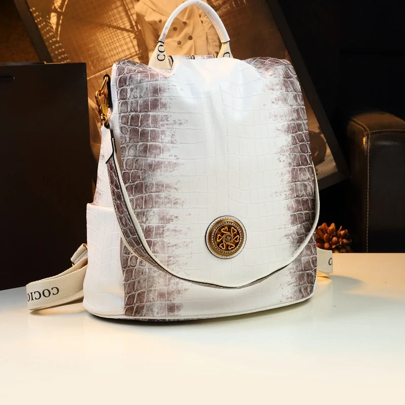 White Leather Crocodile Women Backpack Large Capacity Commuter Travel Backpacks