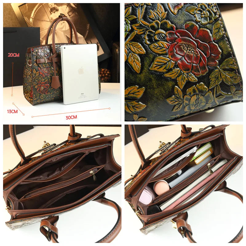 Retro Platinum Leather Handbag 3D Relief Floral Embossed Shoulder Bag for Women