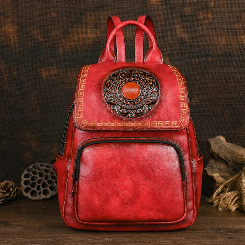 Vintage Handmade Leather Backpack Embossed Large Capacity Bag
