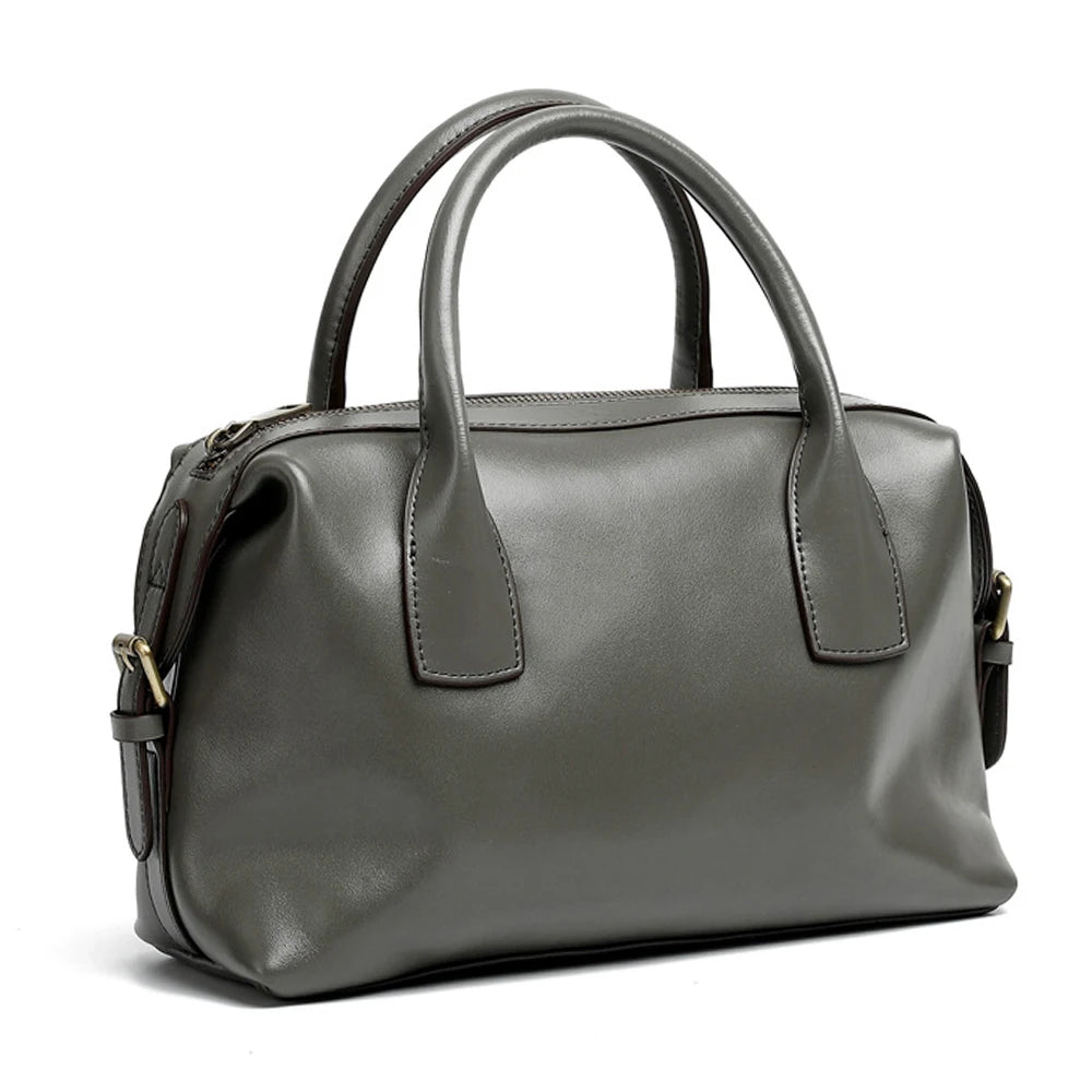 Vintage Green Genuine Leather Top-handle Bag For Women Boston Bag Shoulder Handbag